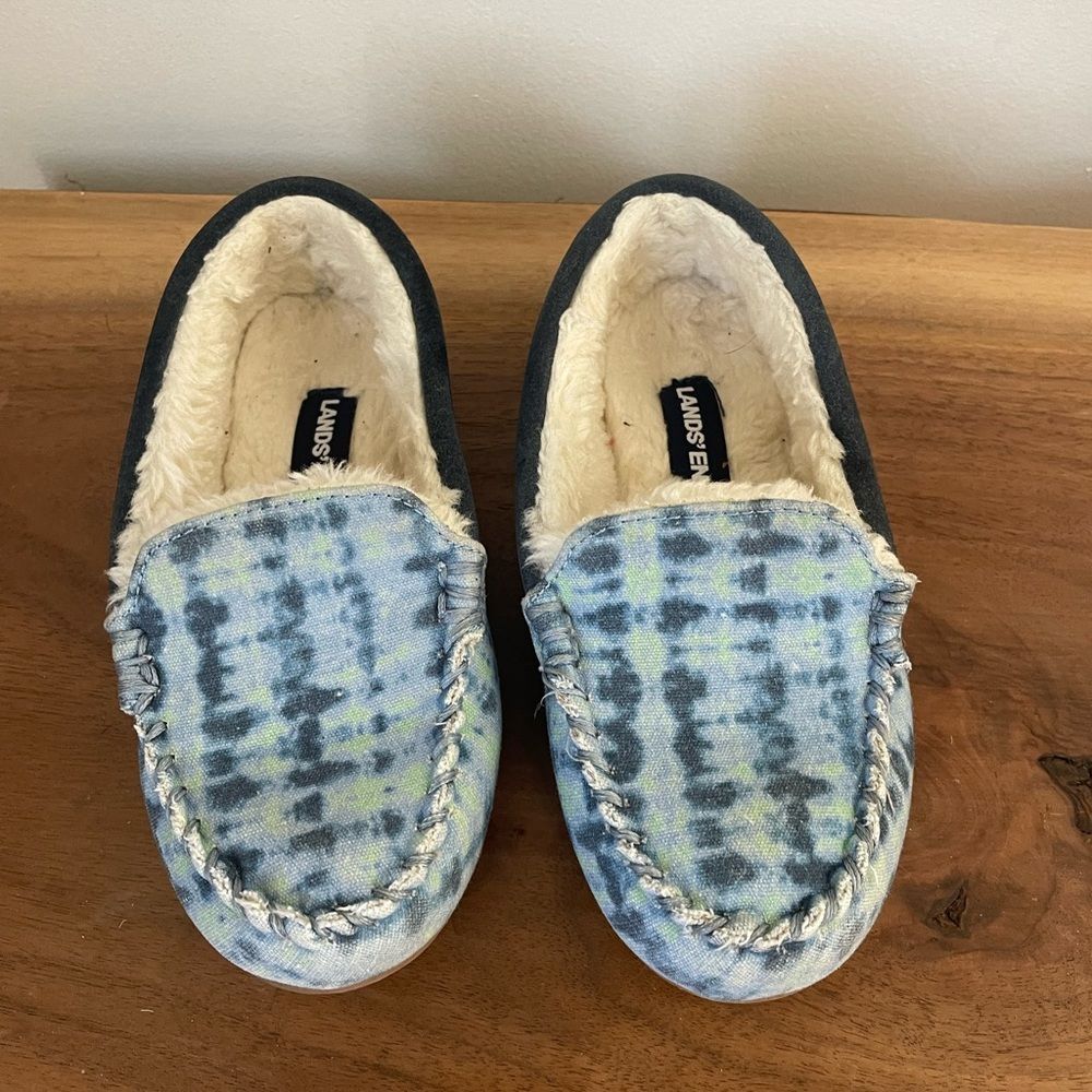 Lands End Slippers Youth 12m Slip On Moccasins Blue Comfort Faux Fur Tie Dye